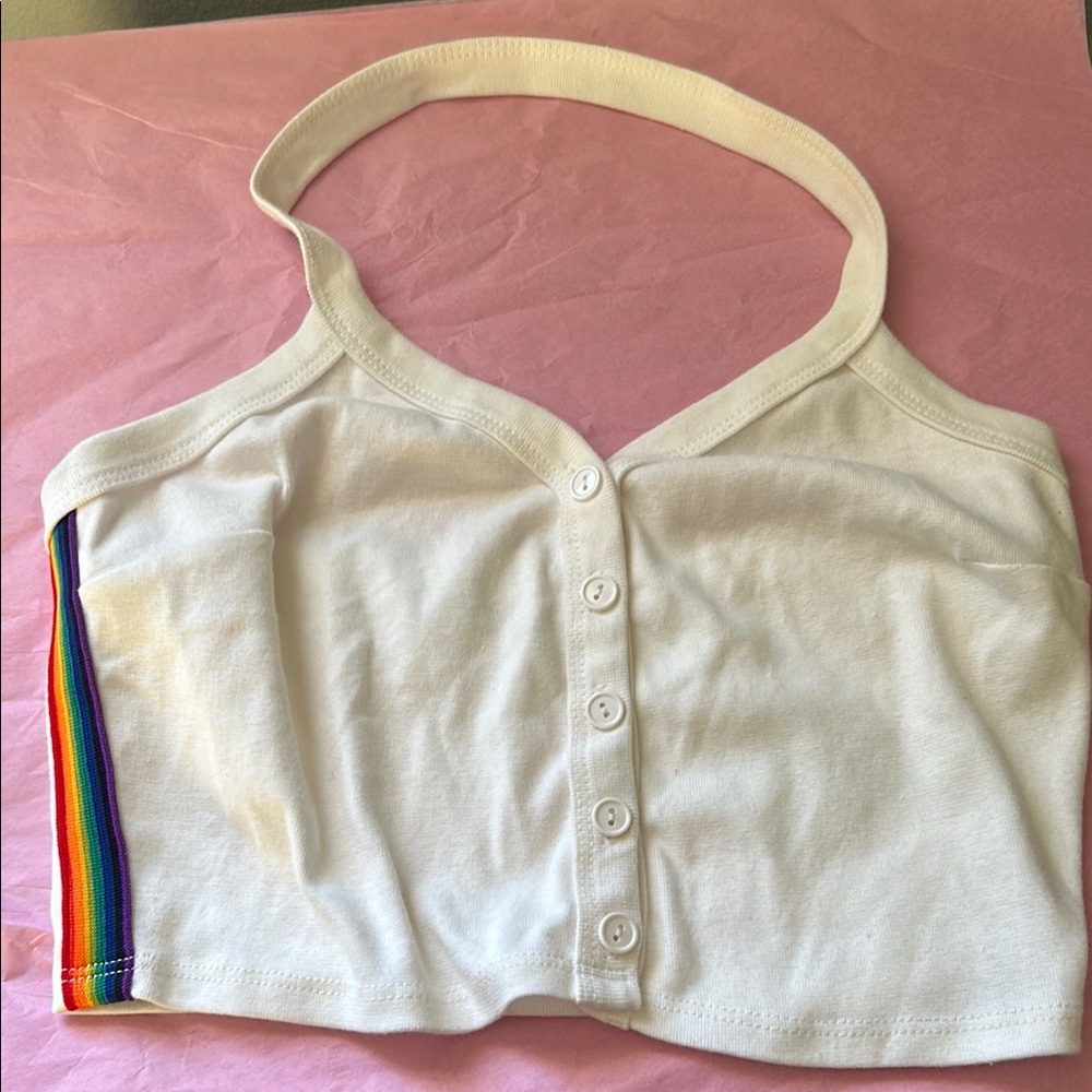 White Crop Top with Rainbow Trim